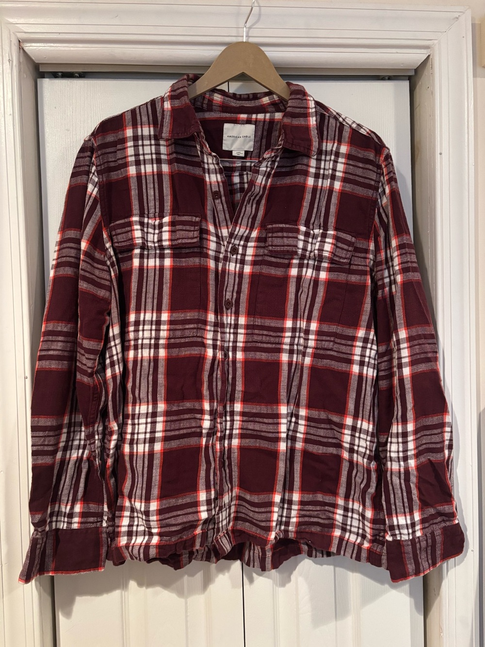American Eagle Men's Flannel Shirt — Burgundy Plaid